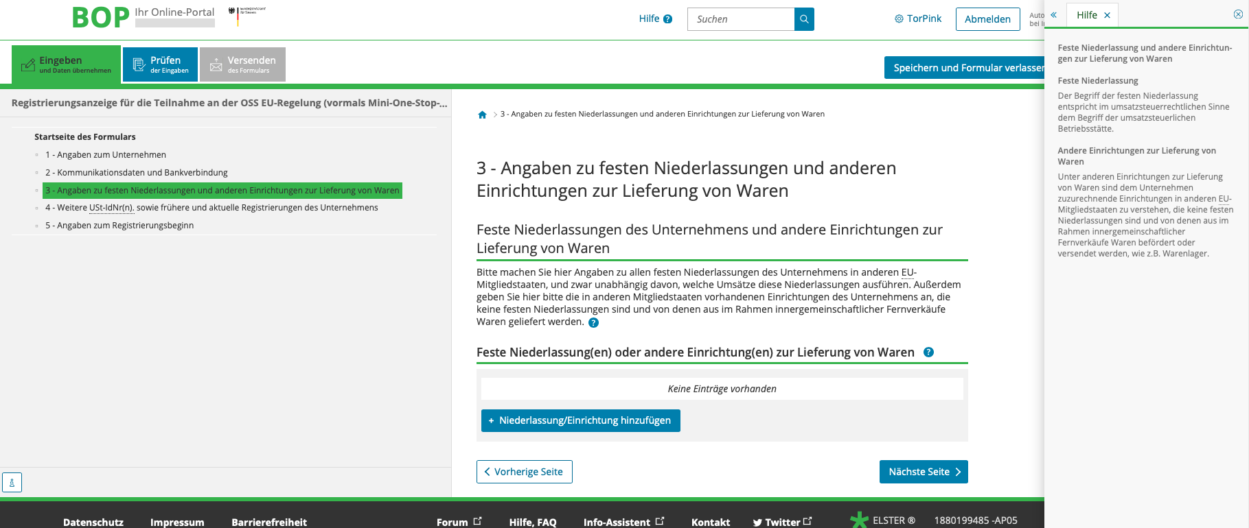 Registrierung zum OSS-Verfahren über das Portal BOP des BZSt (Bildquelle: elstern.de/bportal)