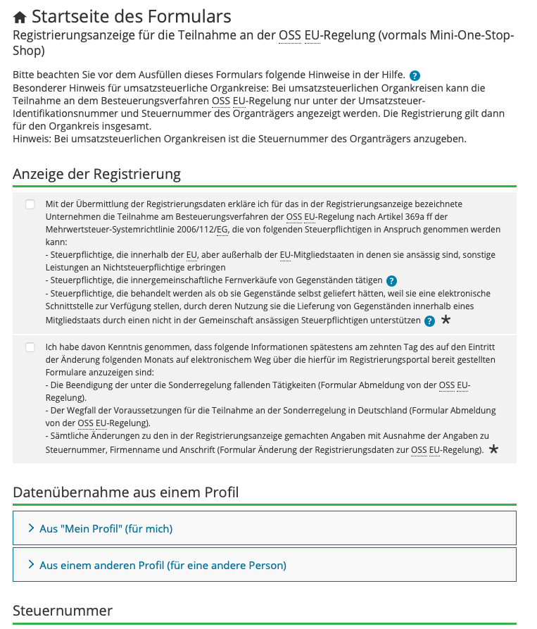 Registrierung zum OSS-Verfahren über das Portal BOP des BZSt (Bildquelle: elstern.de/bportal)