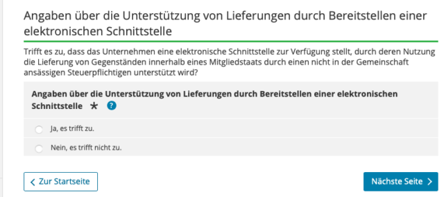Screenshot der Abfrage zur elektronischen Schnittstelle im BZStOnline-Portal für das OSS-Verfahren.