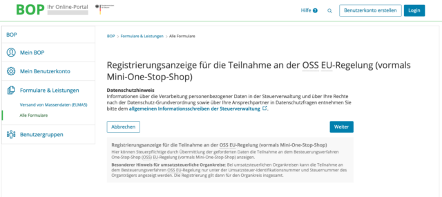 Screenshot des BZStOnline-Portal (BOP) Formulars für die Registrierung zum OSS-Verfahren.