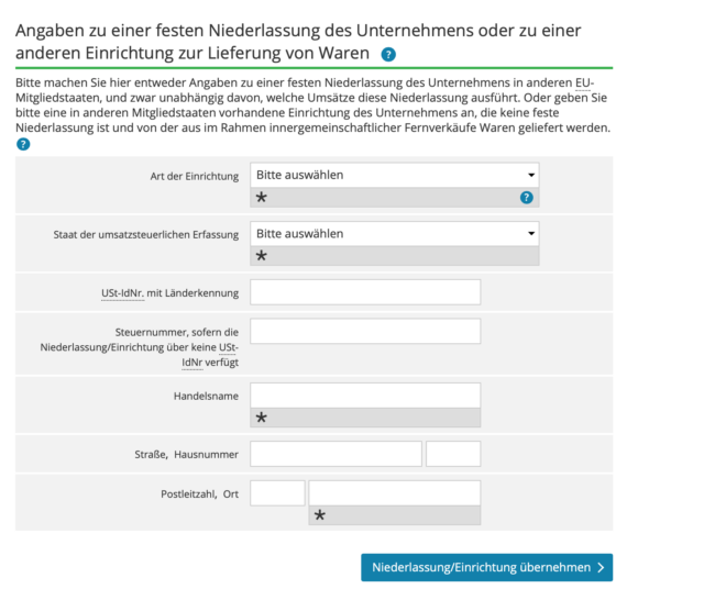 Screenshot des BZStOnline-Portal-Formulars zur Erfassung einer Niederlassung oder Einrichtung für das OSS-Verfahren.