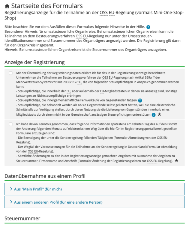 Screenshot der Startseite des BZStOnline-Portals (BOP) für die Anmeldung zum OSS-Verfahren.
