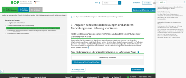Screenshot der Abfrage zu festen Niederlassungen und anderen Einrichtungen im BZStOnline-Portal für das OSS-Verfahren.