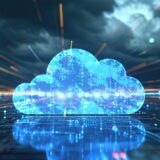 Eine leuchtende digitale Cloud mit Datenströmen, die Software-as-a-Service (SaaS) symbolisiert.